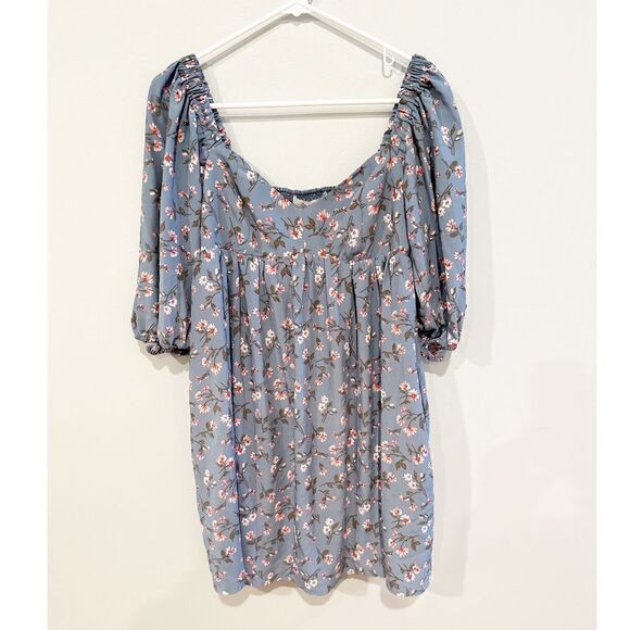 NEW Wayf puff sleeve babydoll dusty blue floral dress - Picture 1 of 3